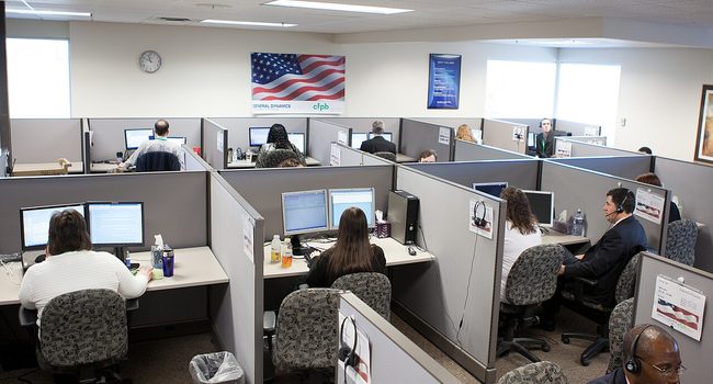 A contact centre with agents at their desks